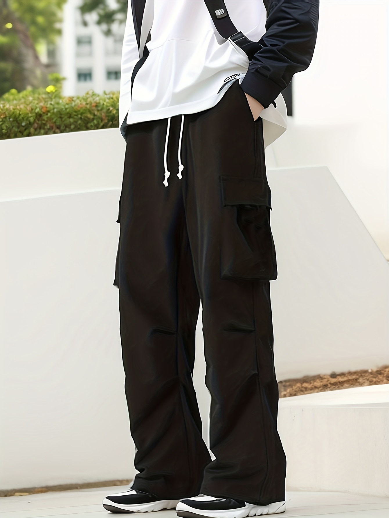 Loose Fit Cargo Pants Flap Pockets Non stretch Solid Color - Temu Austria