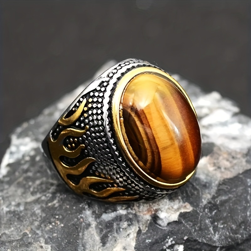Vintage Men's Tiger Eye Gemstone Ring, Unique Design