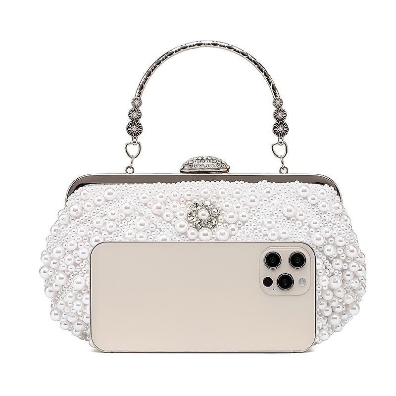 Glitter Faux Pearl Decor Evening Bag, Elegant Top Ring Clutch