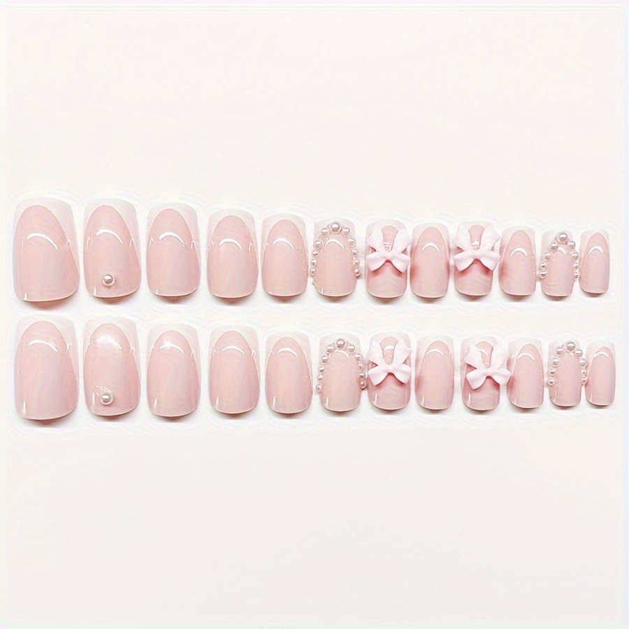 24pcs Medium Press On Nails Ballerina Fake Nails Full Cover White French  Tip False Nails With Pearl And 3D Bow Design Acrylic Artificial Nails Glossy