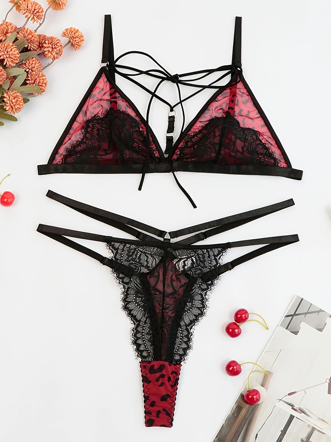 SHEIN Contrast Lace Tie Front Thong Lingerie Set