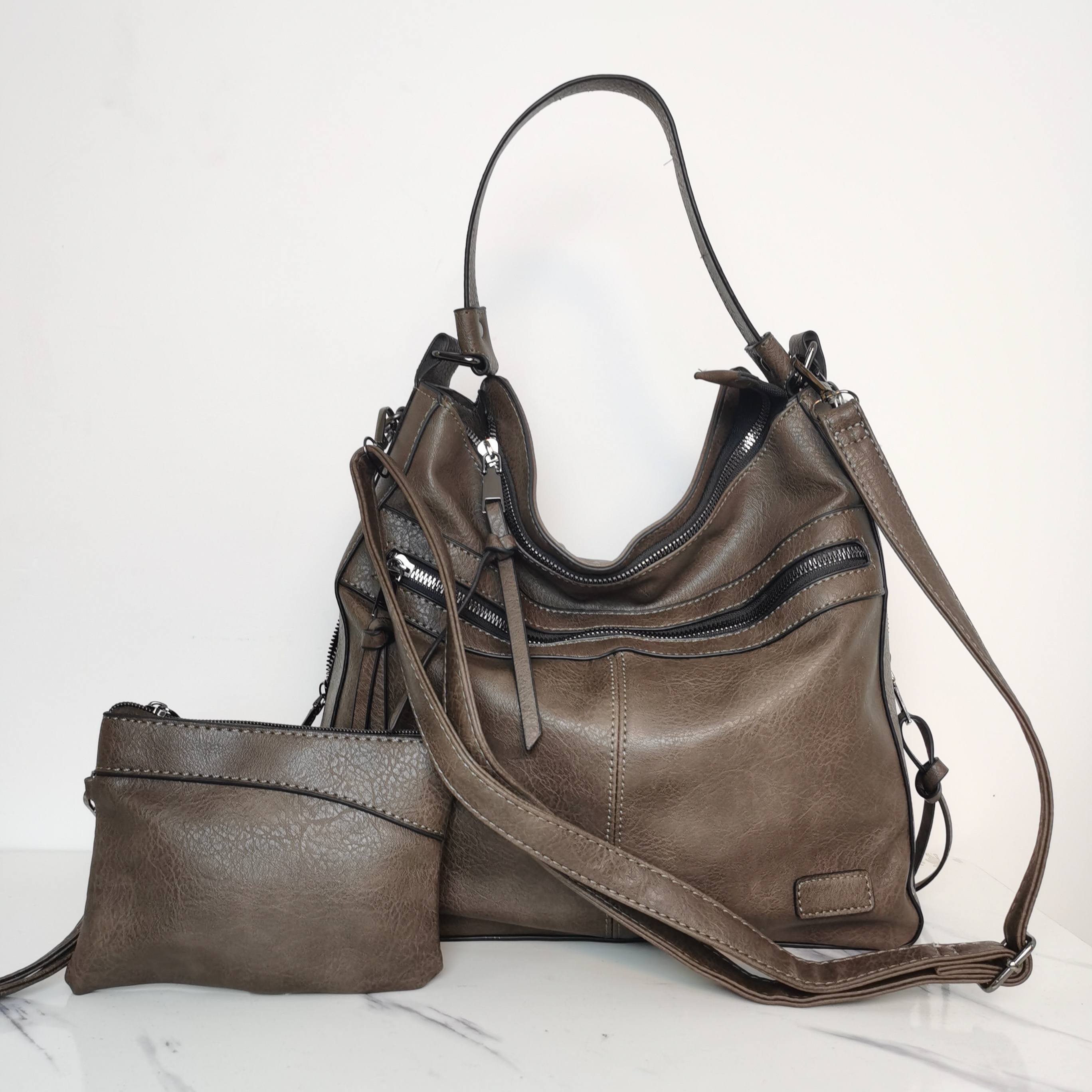 Large Leather Hobo Handbags Purse Shoulder Strap Vintage Bucket Bag Brown  Women