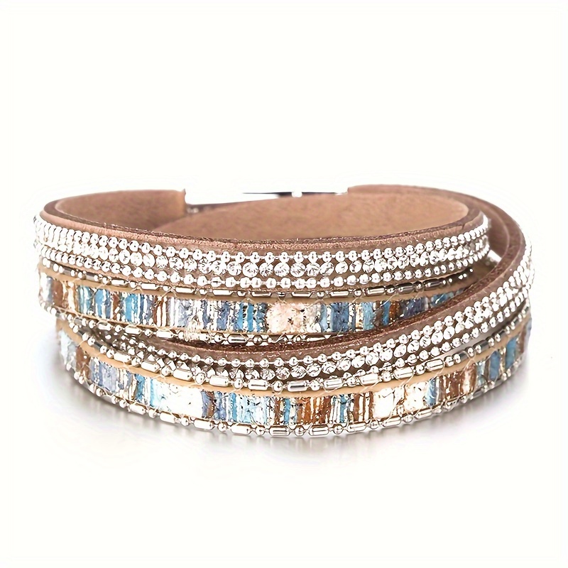 

1 Pc Graffiti Leather Bracelet For Men, Shiny Crystal Vintage Boho Multilayer Double Wrap Bracelet