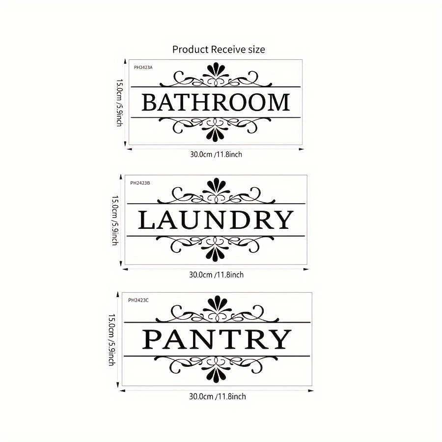 

3pcs/set Bathroom English Identification Door Stickers, Pantry Laundry Removable Wall Decals, For Bedroom, Living Room, Baby Room, Bathroom, Letter Stickers, For Glass, Window, Toilet, Tile, Door