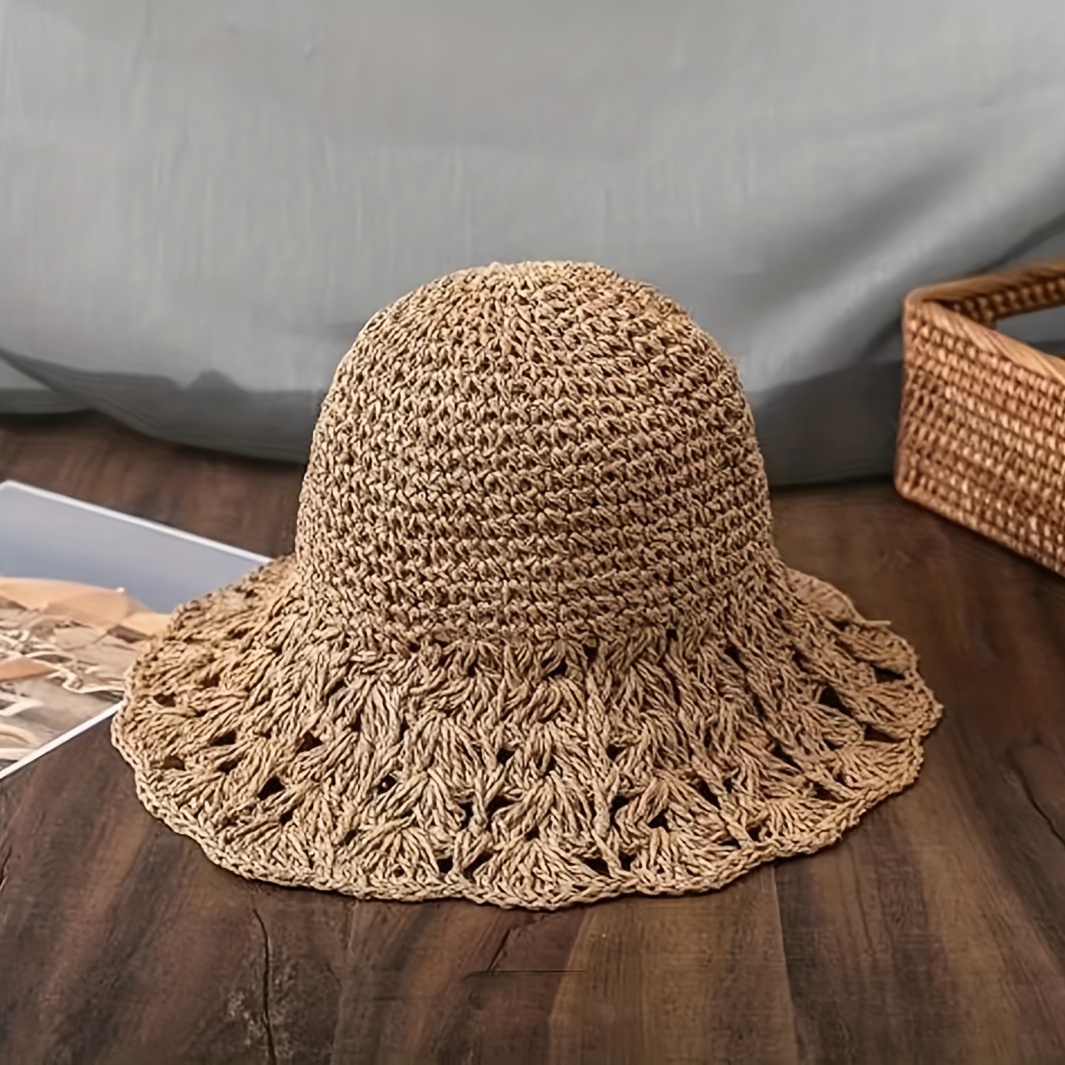 Summer Hat Womens Sun Hat Foldable Hollow Lace Trim Straw Hat