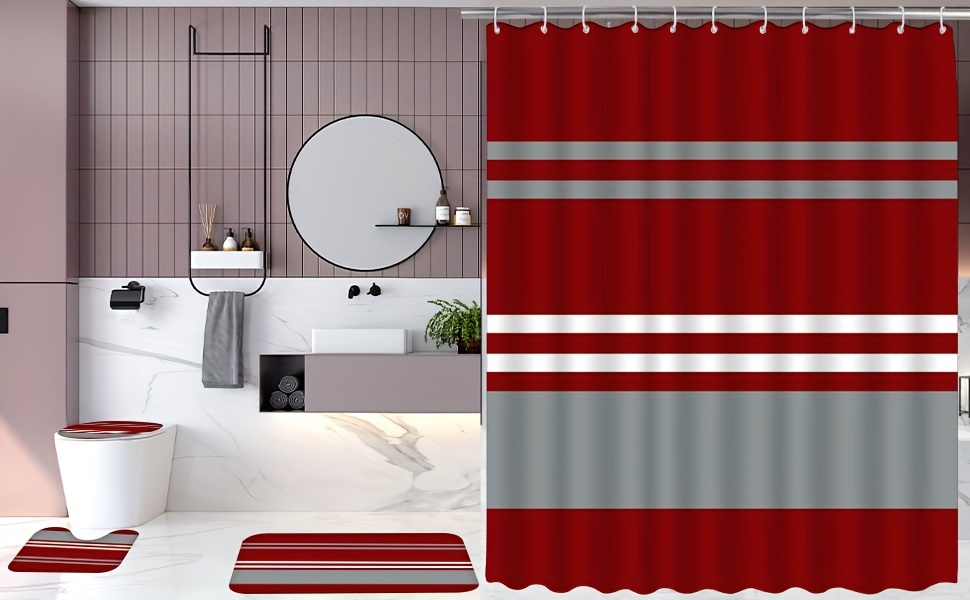  ALAGEO Cortina de ducha a rayas rojas y blancas para baño, cortinas  de ducha de tela de poliéster Waterprrof, cortinas decorativas rojas de  Navidad para juegos de cortinas de baño con