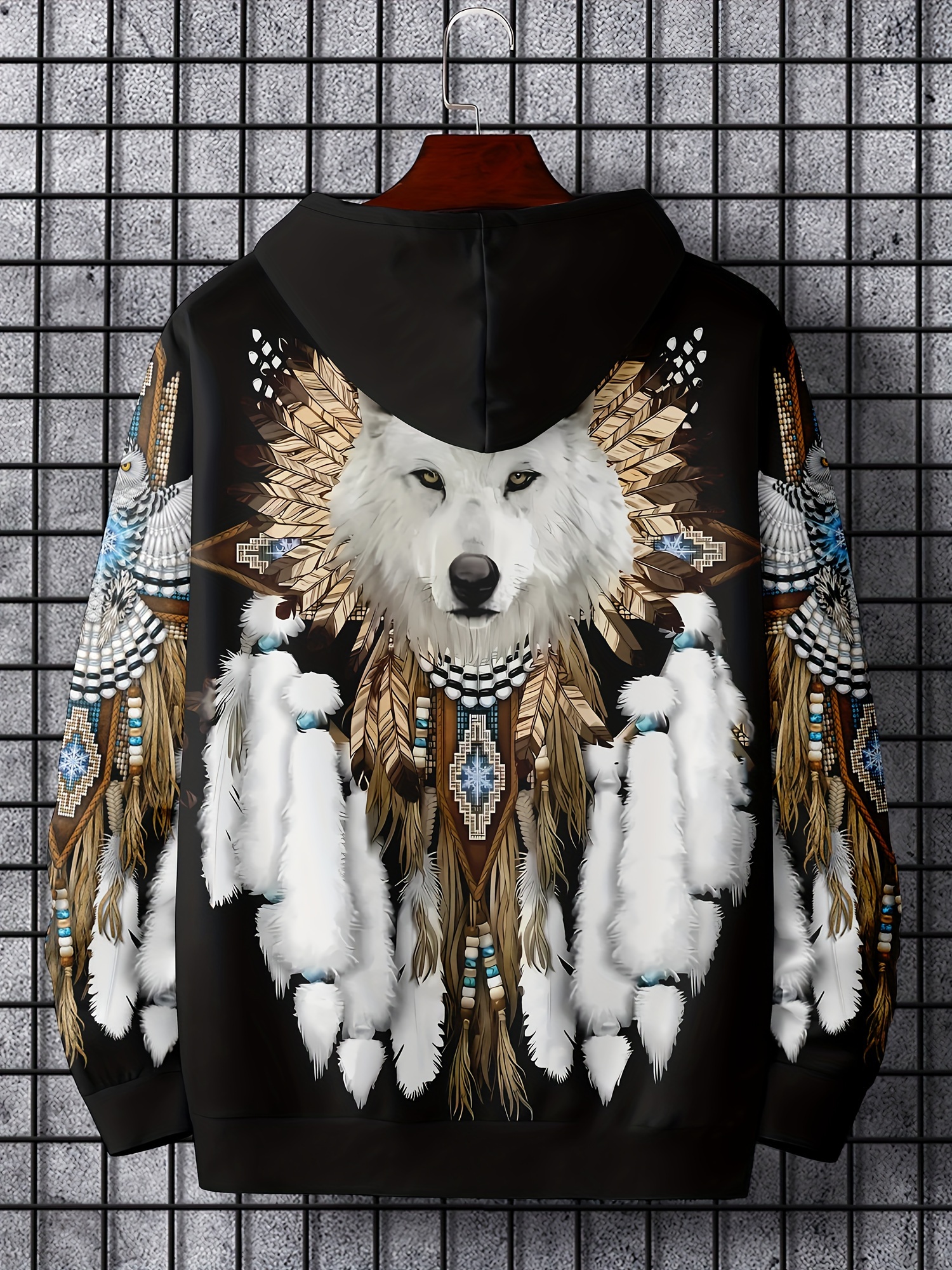 Ethnic Wolf Pattern Print Hoodie, Cool Hoodies For *'s Casual Graphic  Design Hooded Sweatshirt Streetwear For Winter Fall, As Gifts - Main Image