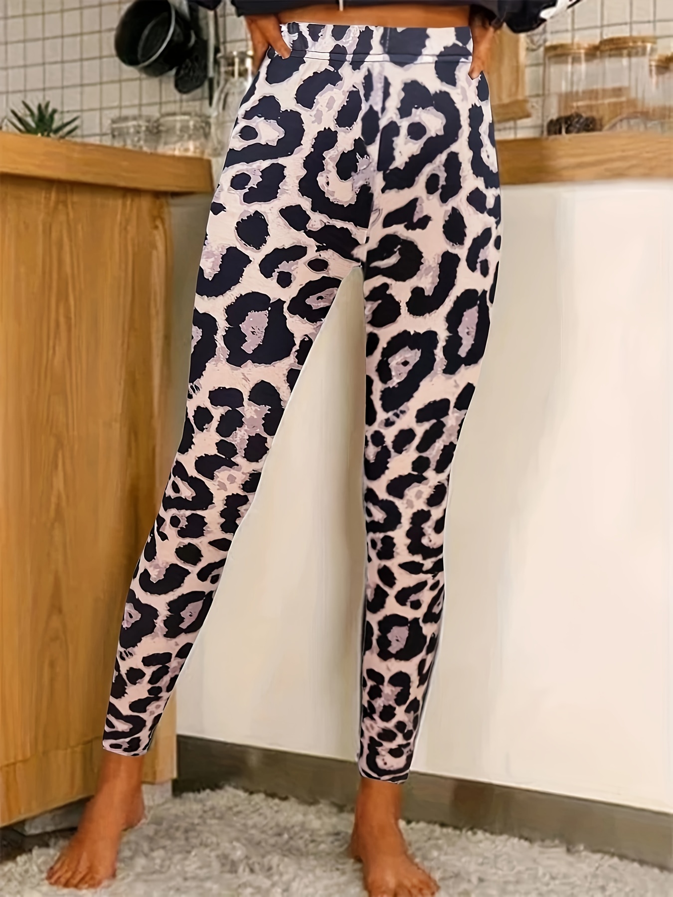 Leopard Print Skinny Leggings, Casual Elastic Waist Stretchy Leggings,  Women's Clothing