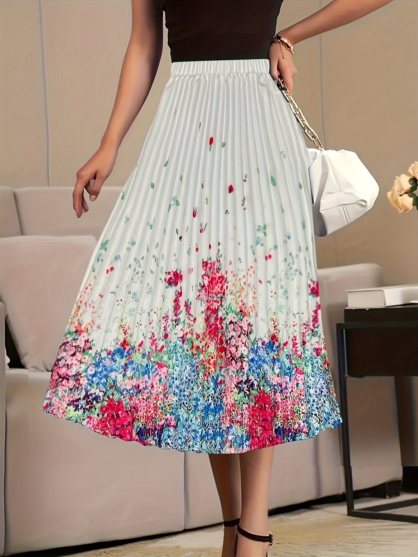 Nederdel med blomster og elegant plisseret nederdel med høj talje, dametøj