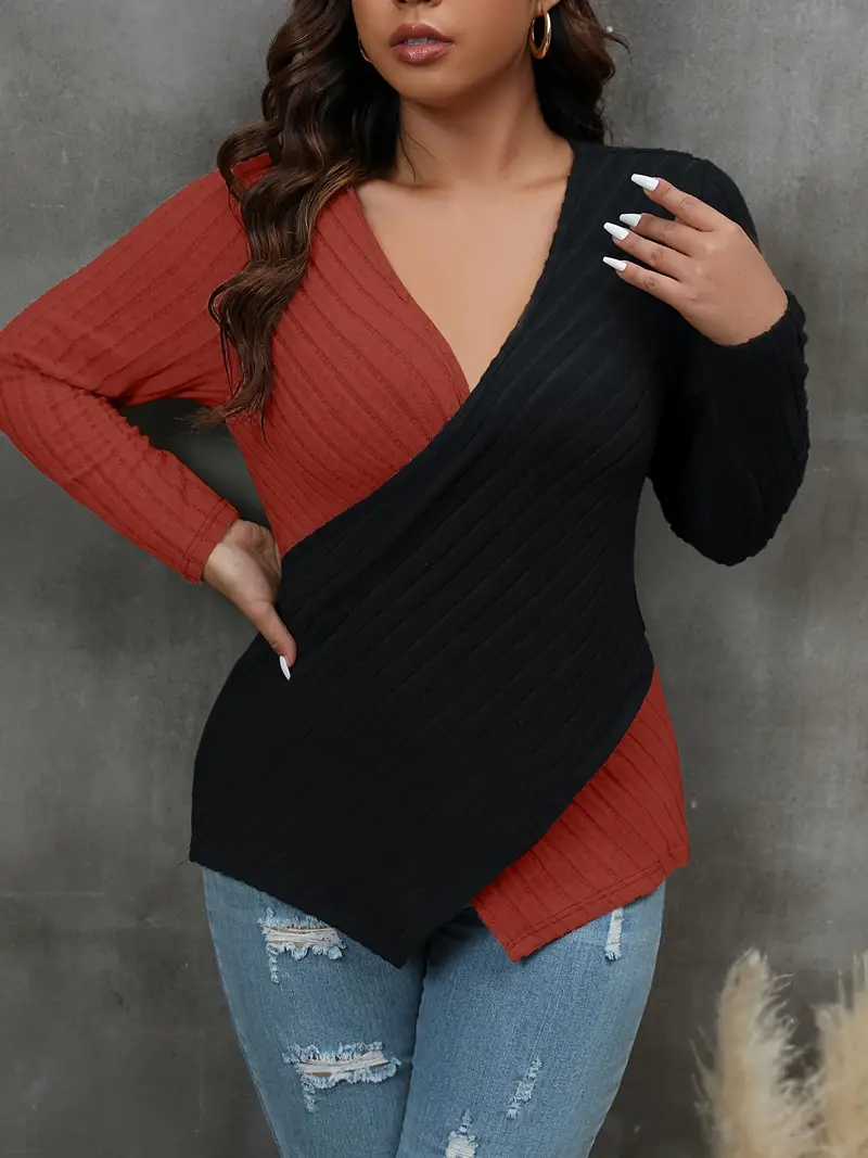 plus size casual sweater womens plus colorblock cross v neck long sleeve medium stretch jumper details 29