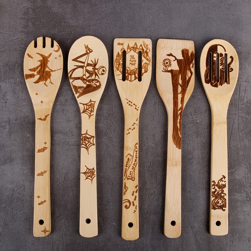 Witchy Wooden Cooking Utensils Set Halloween Bamboo Non - Temu