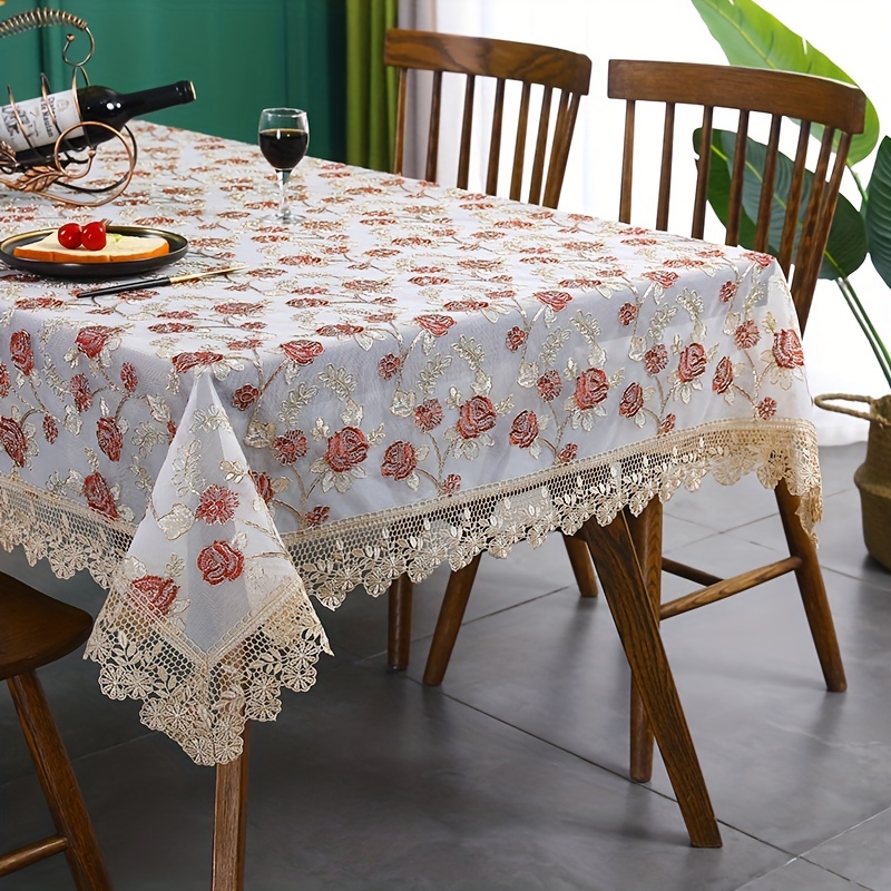 Polyester Rectangle Tablecloth Golden Embroidered Flower Tablecover