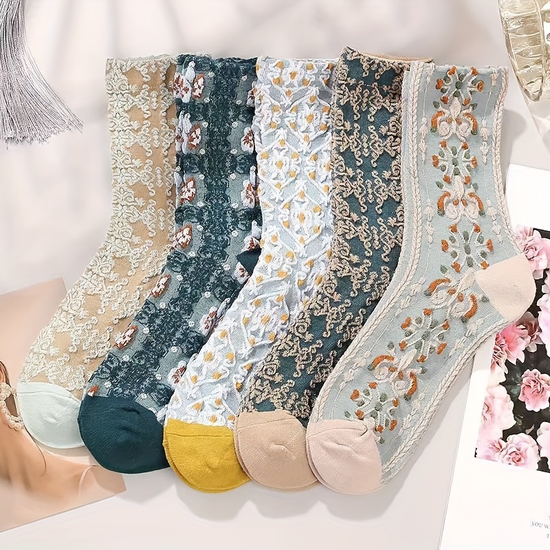 

5 Pairs 3d Floral Embossed Socks, Comfy & Soft Retro Style Mid Tube Socks, Women's Stockings & Hosiery