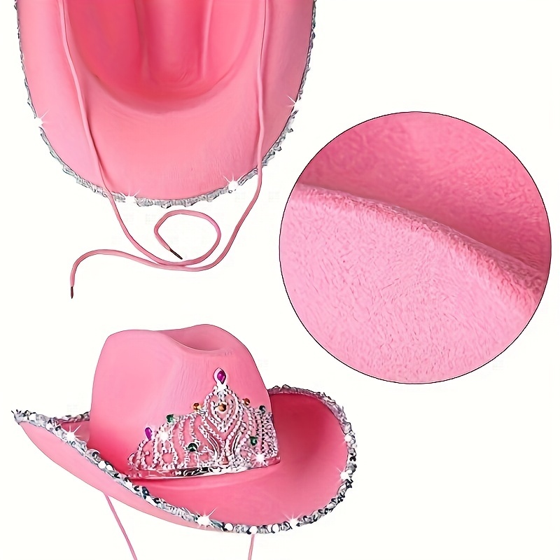 Pink Cowgirl Hat Pink Cowboy Hat for Parties Light Up Cowgirl Birthday  Party Hat Adjustable String Light Up Pink Feather