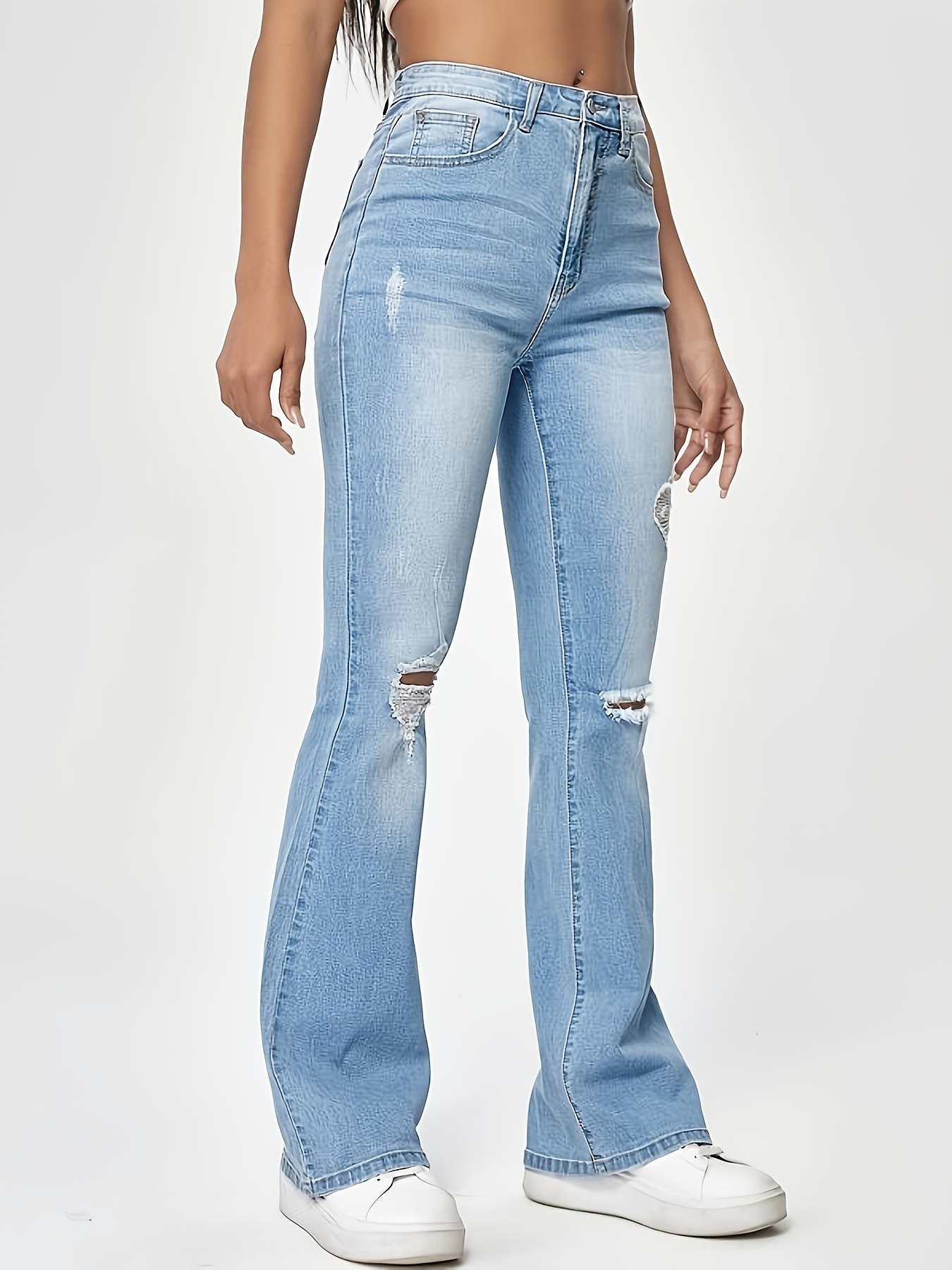 Ripped Whiskering Distressed Flare Jeans, Stretchy Water Ripple Embossed  Crotch Bell Bottoms Denim Pants, Women's Denim Jeans & Clothing