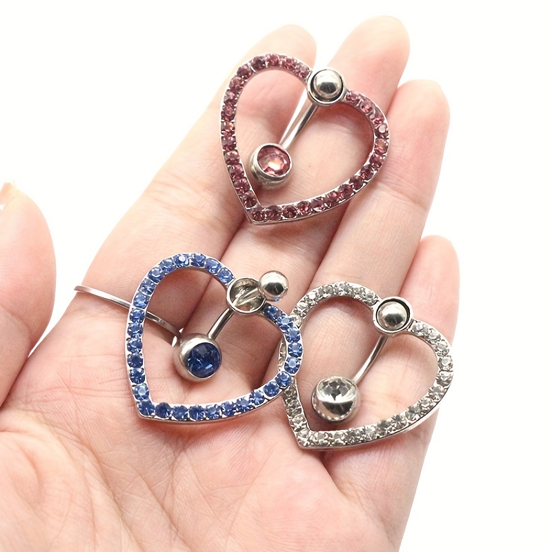 Hollow Out Love Heart Shape Belly Button Ring, Zircon Inlaid Navel Piercing