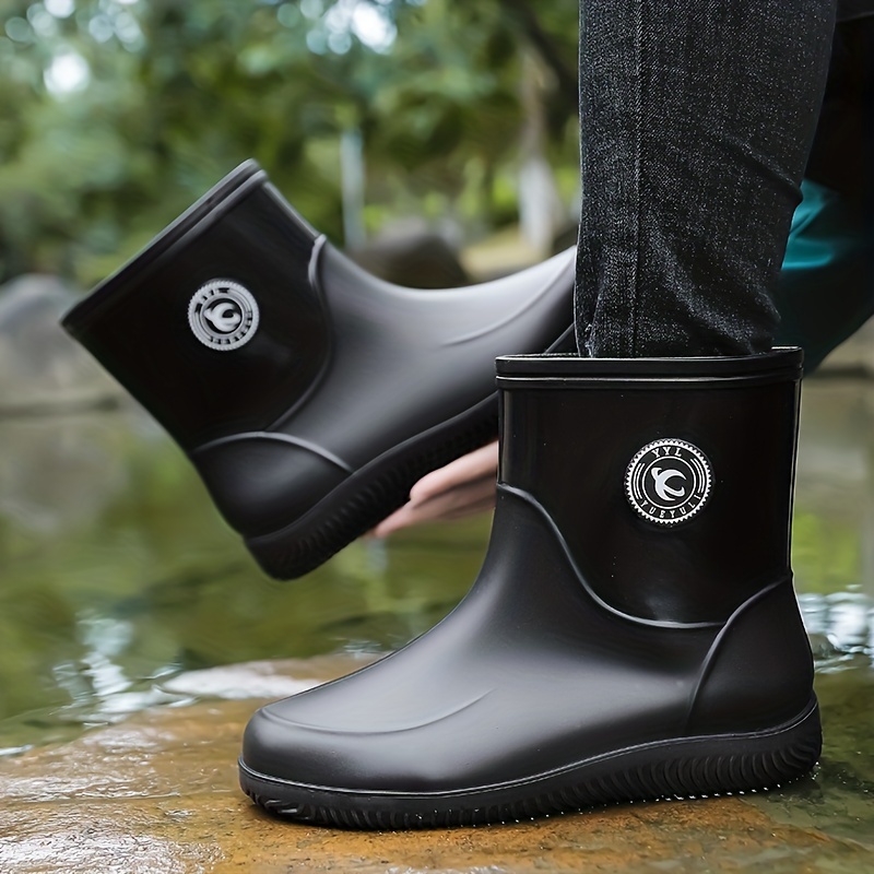 Black Rain Boots Men Long Anti Slip Waterproof Rubber Shoes Car