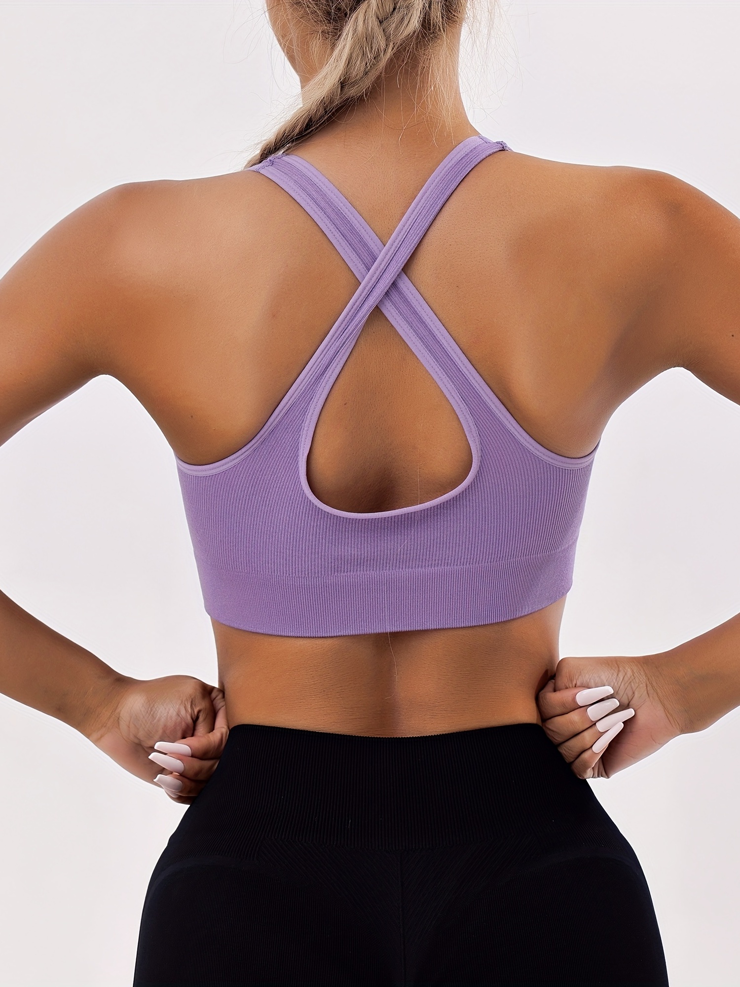 Solid Color Running Casual Sports Bra Criss Cross Back Crew - Temu Canada