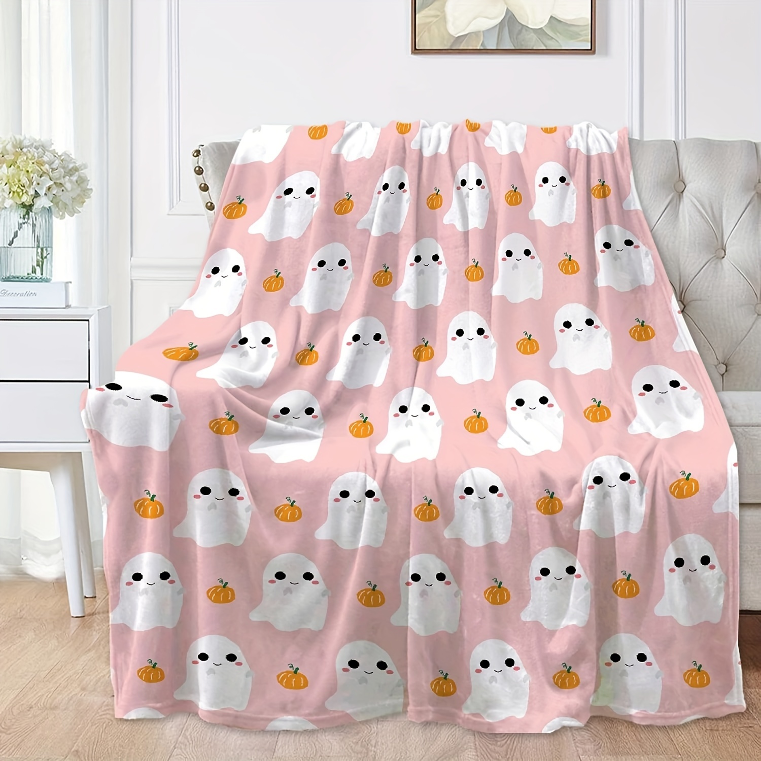 

1pc Cute Ghost Pumpkin Blanket Halloween Lightweight Throw Blanket For Women Men Soft Cozy Fleece Sofa Living Room Bed Blanket For Girls Boys