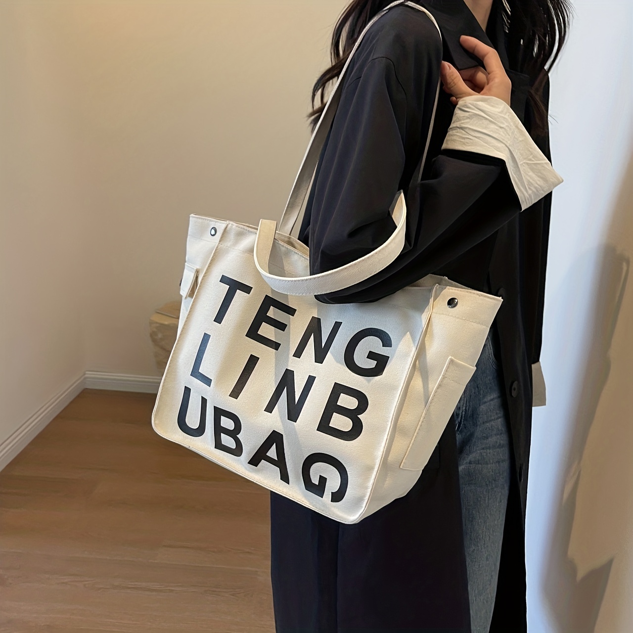 Retro Letter Print Tote Bag Large Capacity Shoulder Bag Perfect