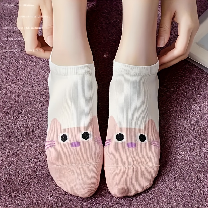 

5 Pairs Of Teenager's Cartoon Cat Pattern Liner Anklets Socks, Comfy Breathable Soft Non Slip Socks For Outdoor Wearing