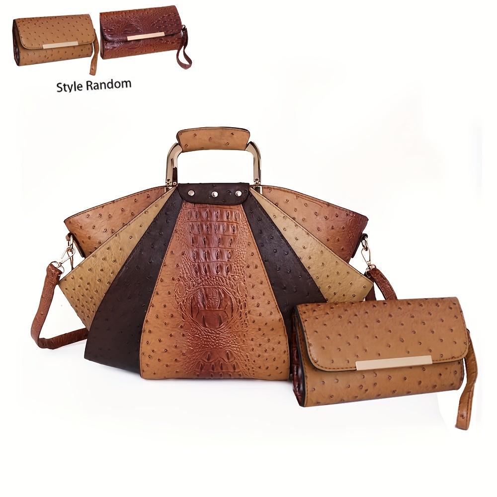 Brown Womens Ostrich Leather 2 Piece Purse Set