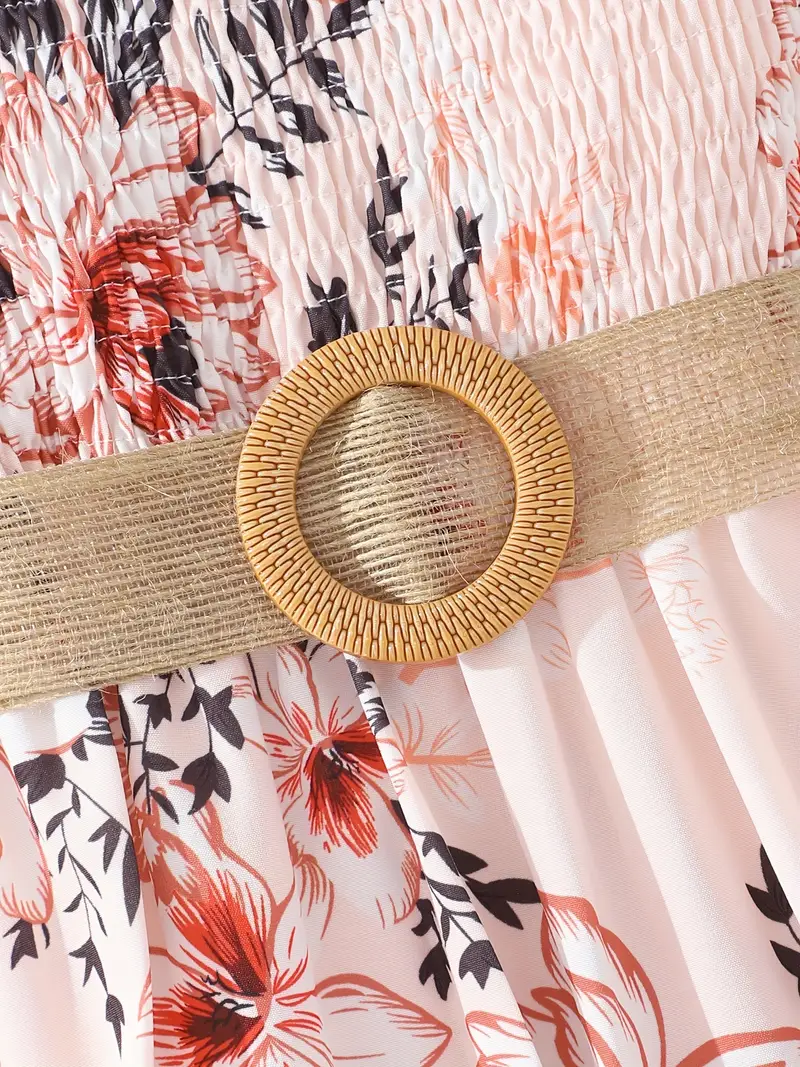 girls floral print shirred short sleeve casual dress belt for summer details 22