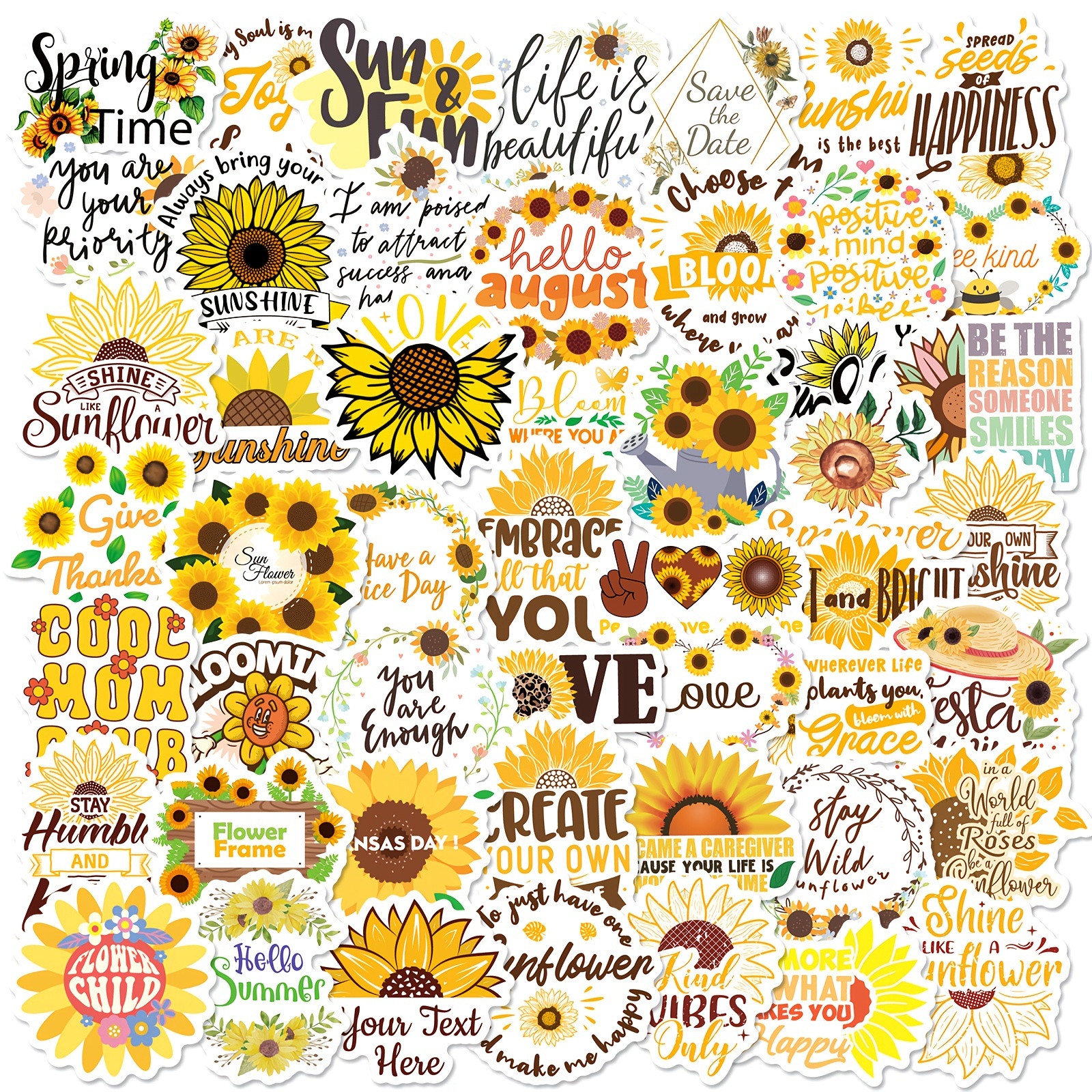 50pcs Sunflower & English Letter Stickers, Small Fresh Style