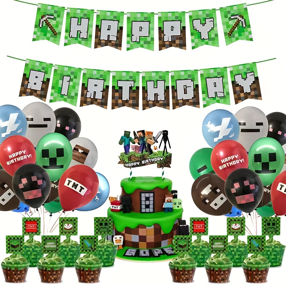 Minecraft cumpleaños bandera pastel tarjeta globo conjunto pixel juego  suministros de decoración para fiesta Sincero Electrónica