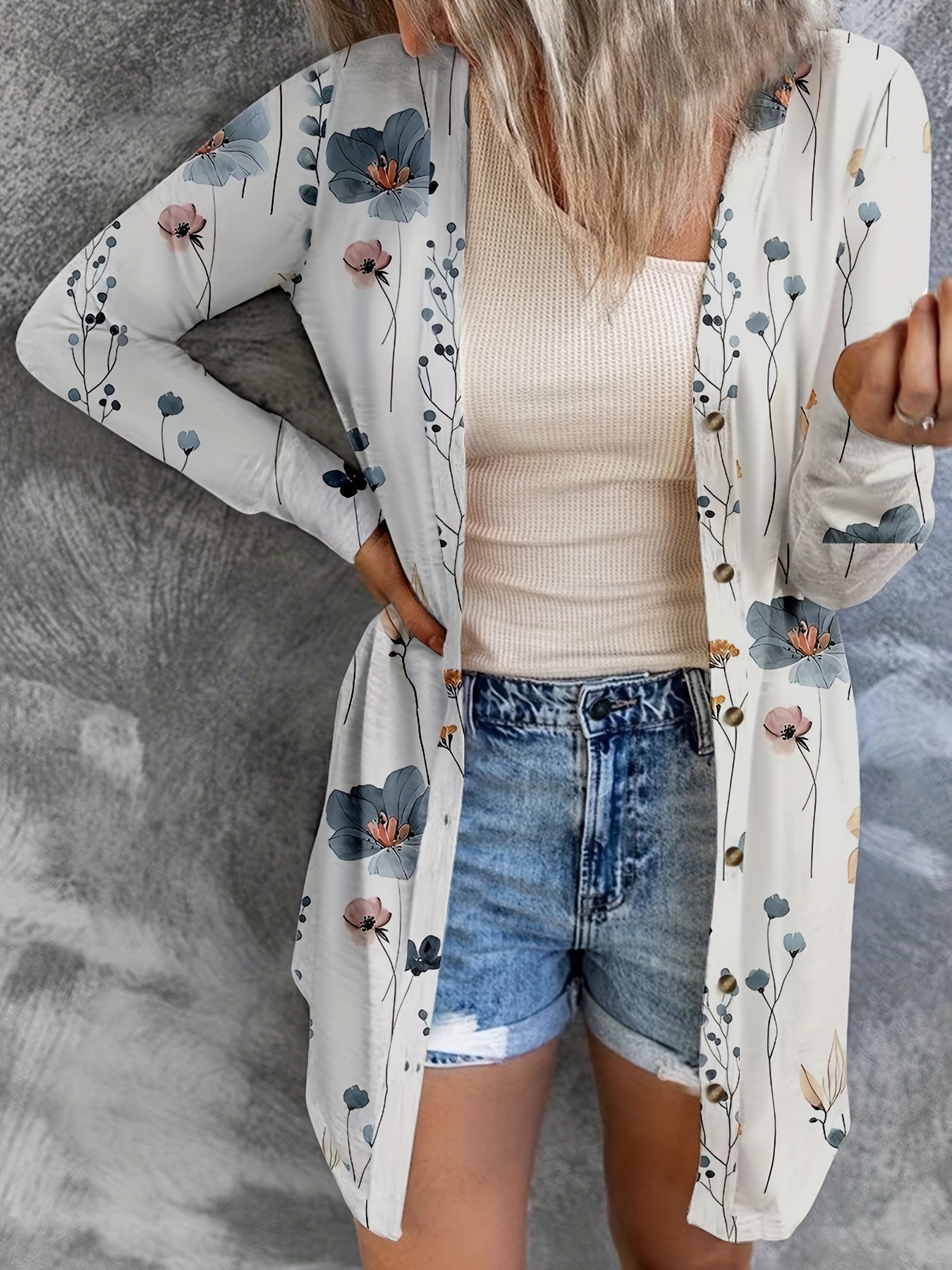 Print Open Front Belted Cardigan Casual Long Sleeve Cover - Temu