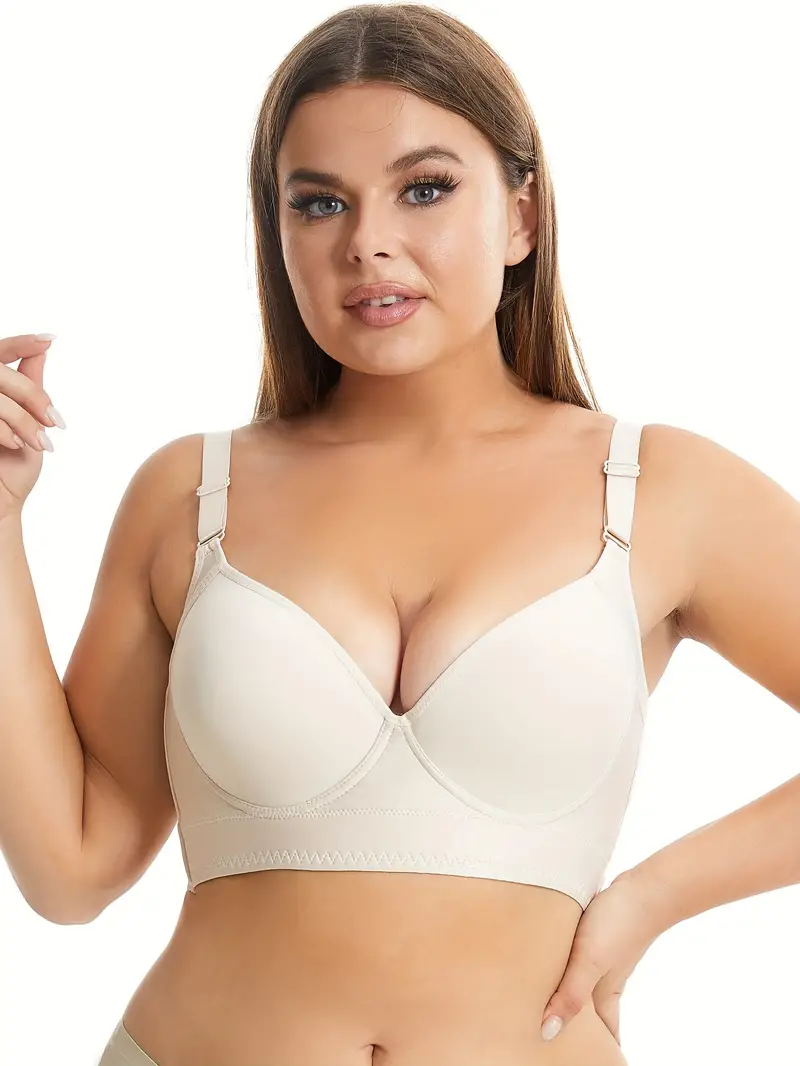 Women's Simple Bra, Plus Size Solid Lightly Padded Push Up Adjustable  Underwire Bra
