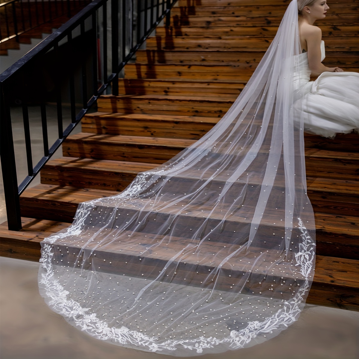 Flowers Adorned Long Bridal Veil Cathedral Length Wedding Veil