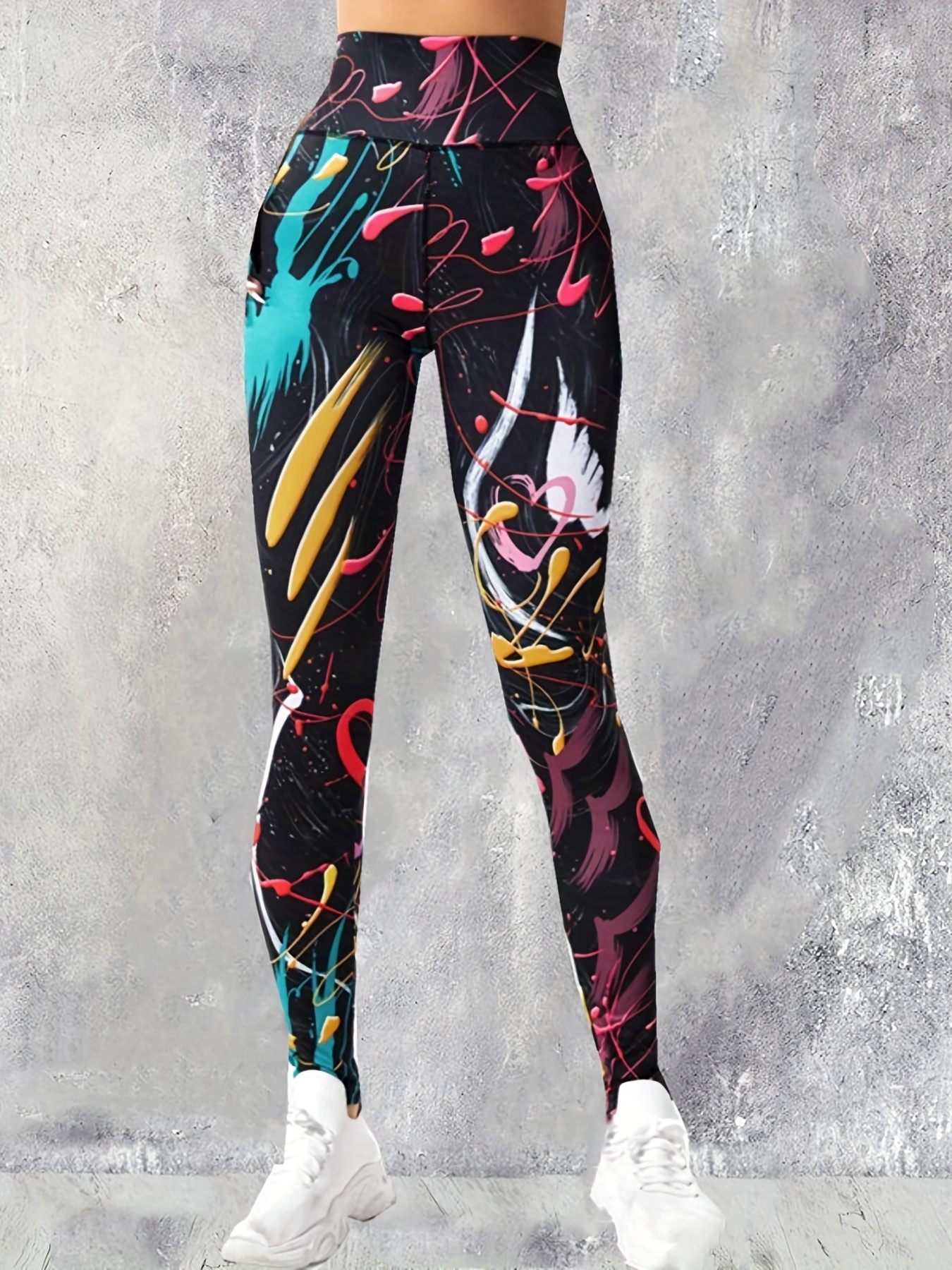 High Waist Color Block Graffiti Print Yoga Leggings Women - Temu Canada