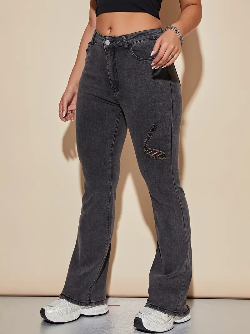Jeans acampanados desgastados gris oscuro, pantalones de mezclilla de alta  elasticidad con bolsillos cortados en la parte inferior de la campana, jean