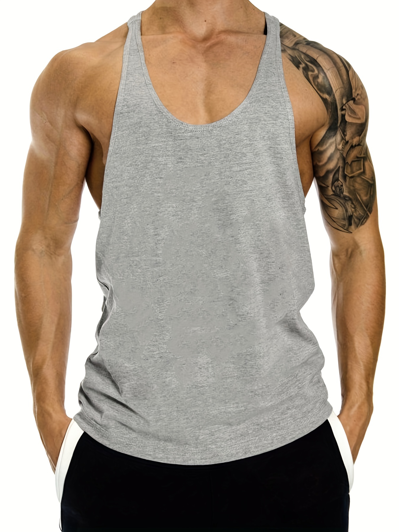 Camiseta de tirantes para hombre, 100% algodón, sin mangas, cuello redondo,  acanalada, ajustada, para gimnasio, entrenamiento muscular