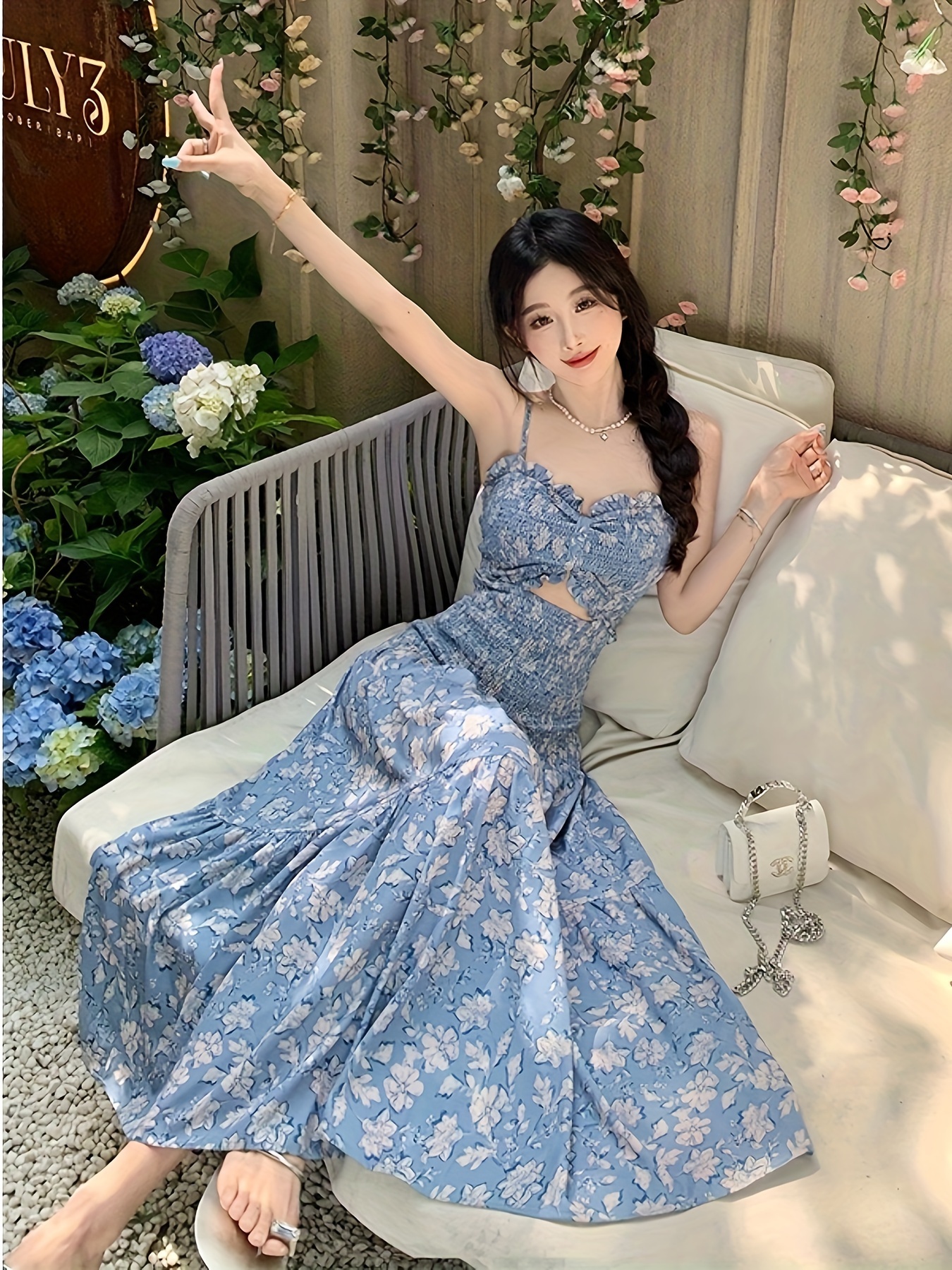 womens elegant blue floral maxi dress shoulder strapless - Temu Oman