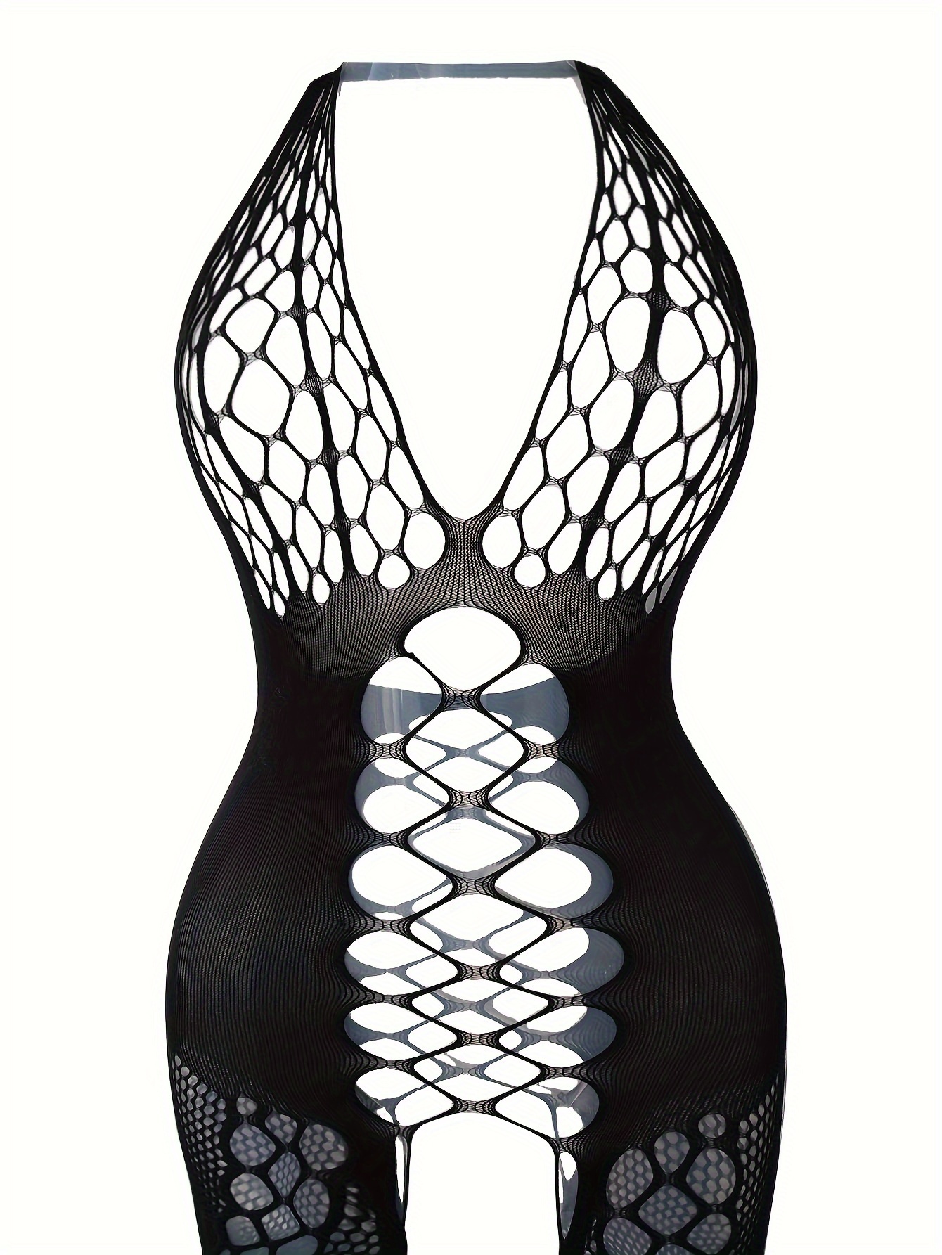 1pc Women's Sexy Lingerie Black Hollow Out Fishnet Stocking Long Sleeve  Bodysuit (without Underpants)