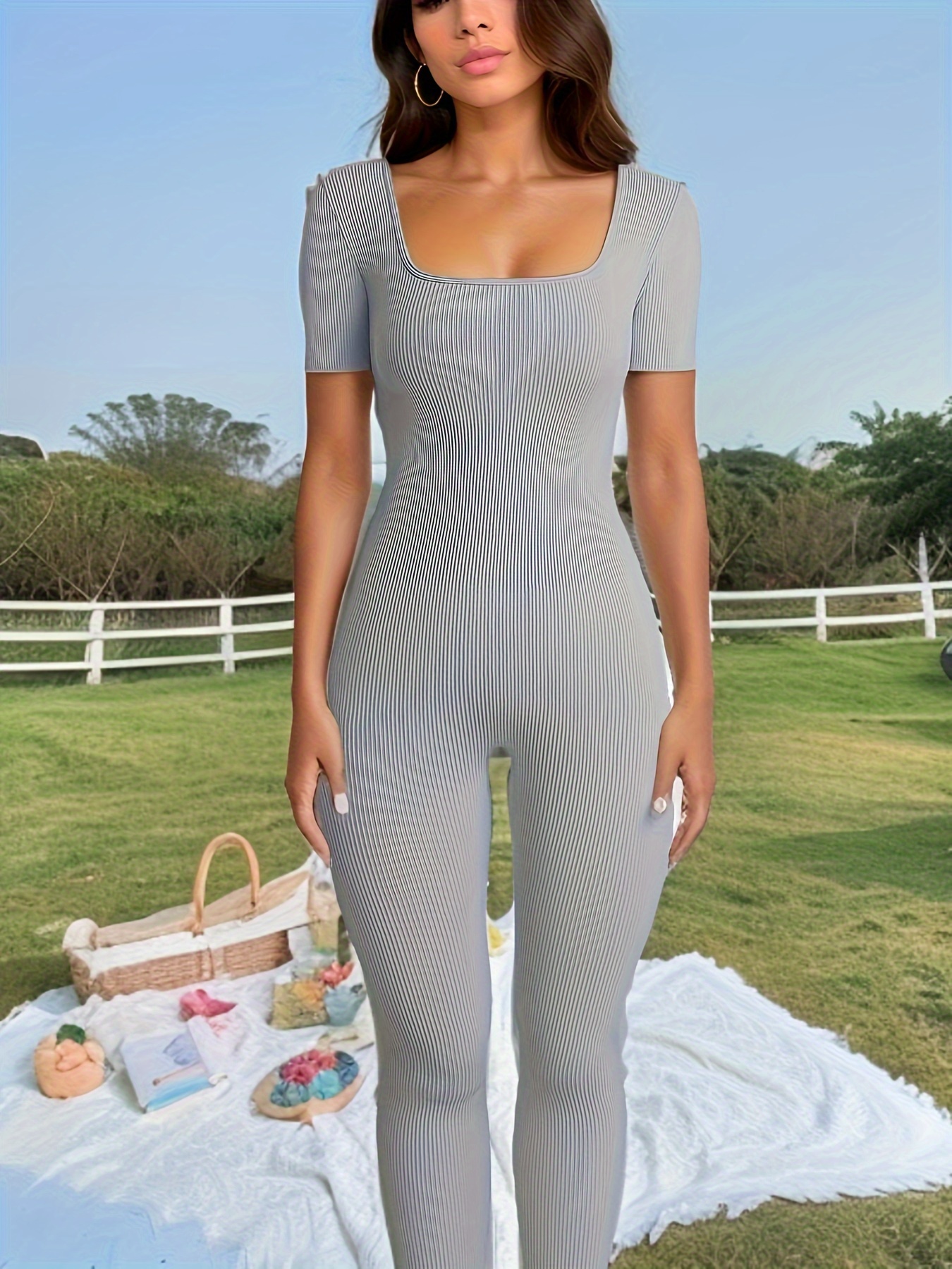 Short Jumpsuit for Women Bodycon Summer Casual Long Sleeve Square