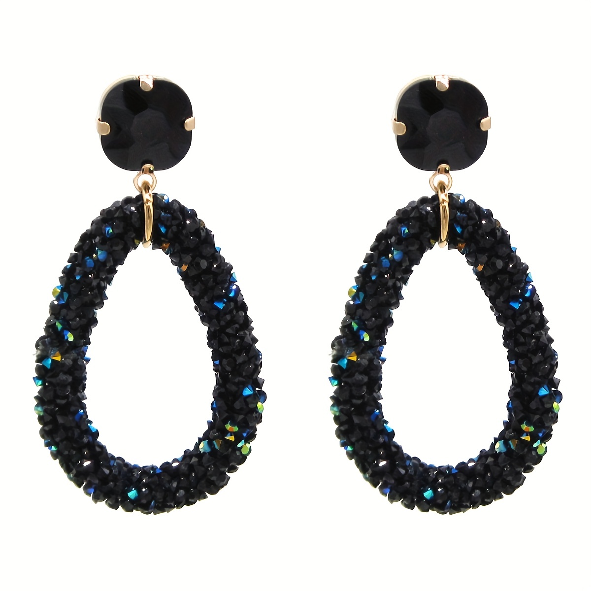 

Hollow Teardrop Shape Full Black Shiny Rhinestone Decor Dangle Earrings Retro Boho Style Trendy Female Gift