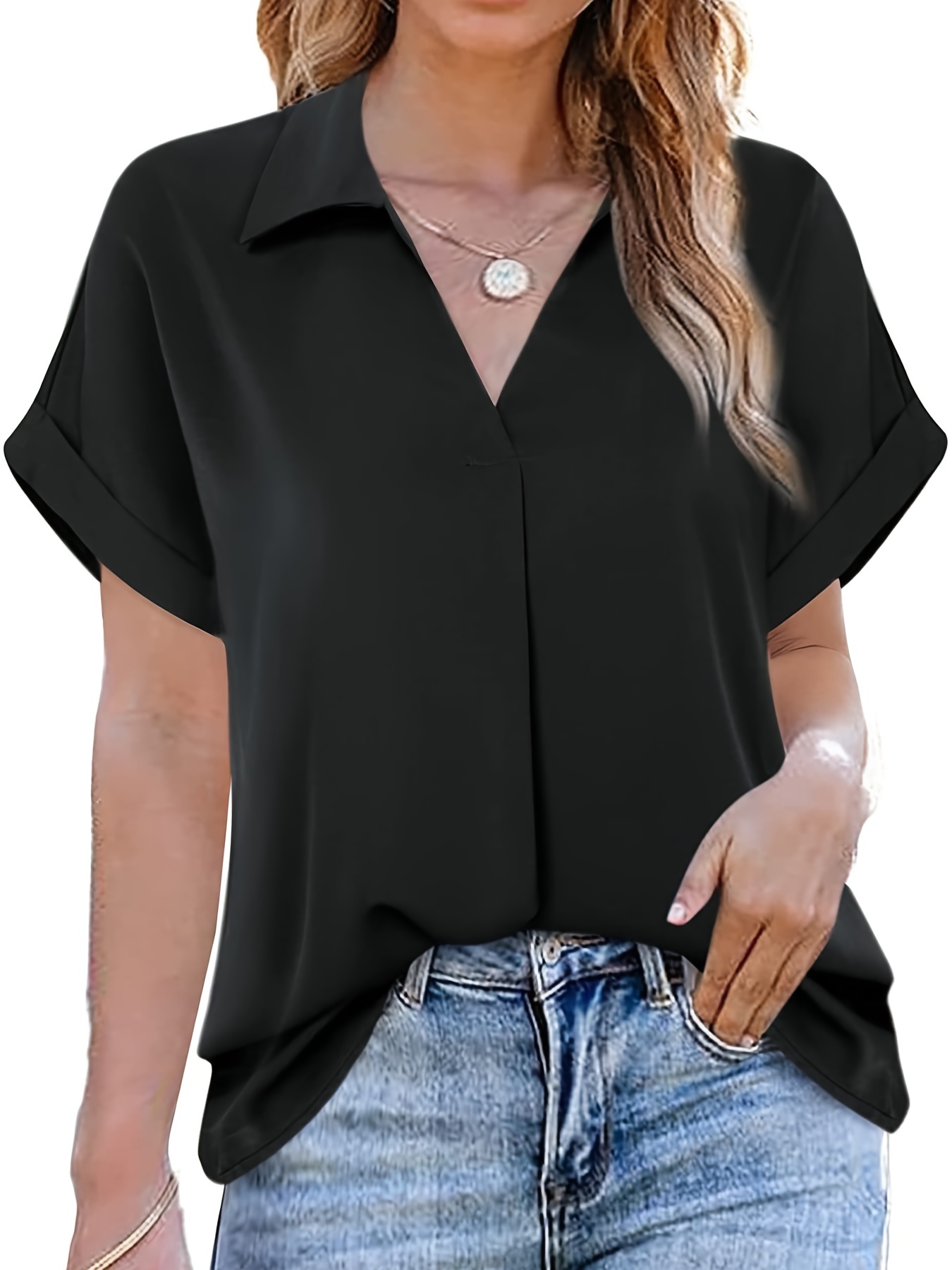 JDEFEG Womens Casual Work Tops Womens Summer Tops Bat Sleeve Lapel Tee  Shirt Solid Color Casual Blouse Loose Shirts with Button Misses Tunic Tops  95% Polyester, 5% Spandex Black Xl 