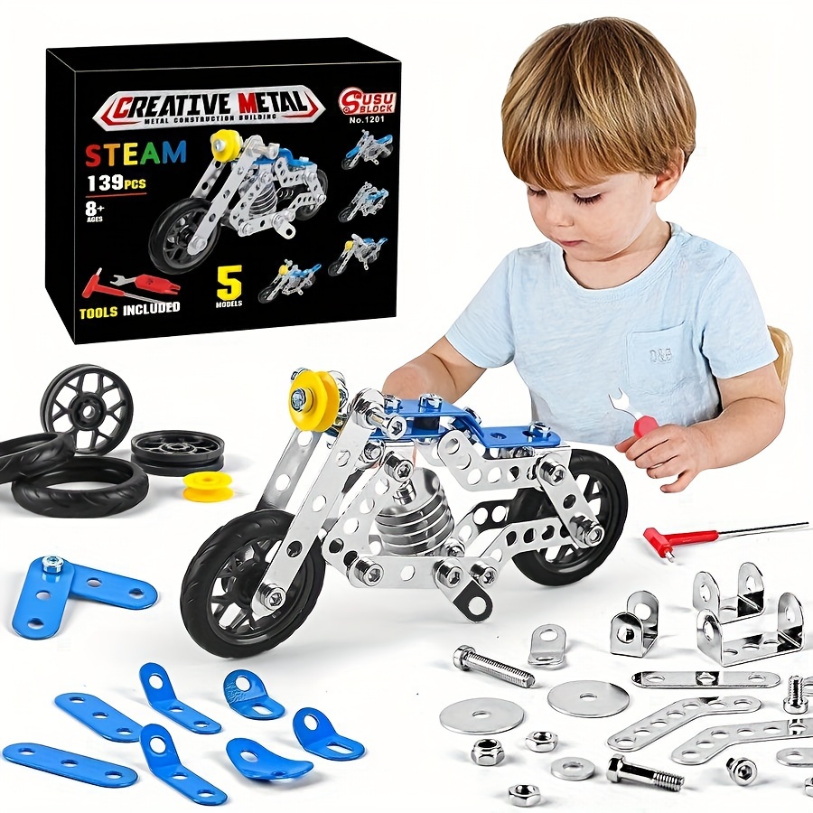 

139pcs Diy Motorcycle Model 5 In 1 Assembly Building Blocks, Children's Assembly Educational Alloy Bricks Toys