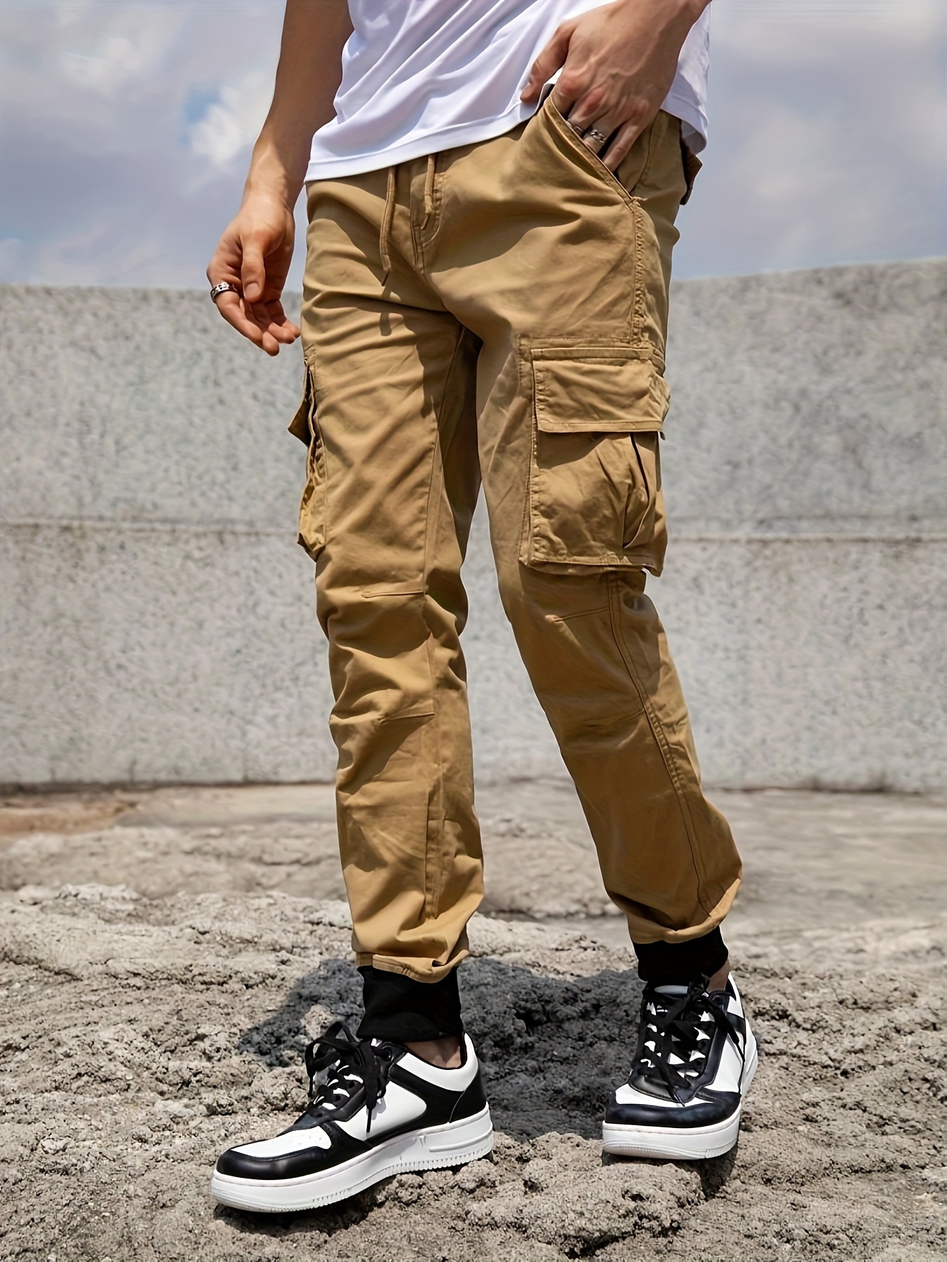 Cotton Blend Trendy Solid Cargo Pants Men's Multi Flap - Temu Canada