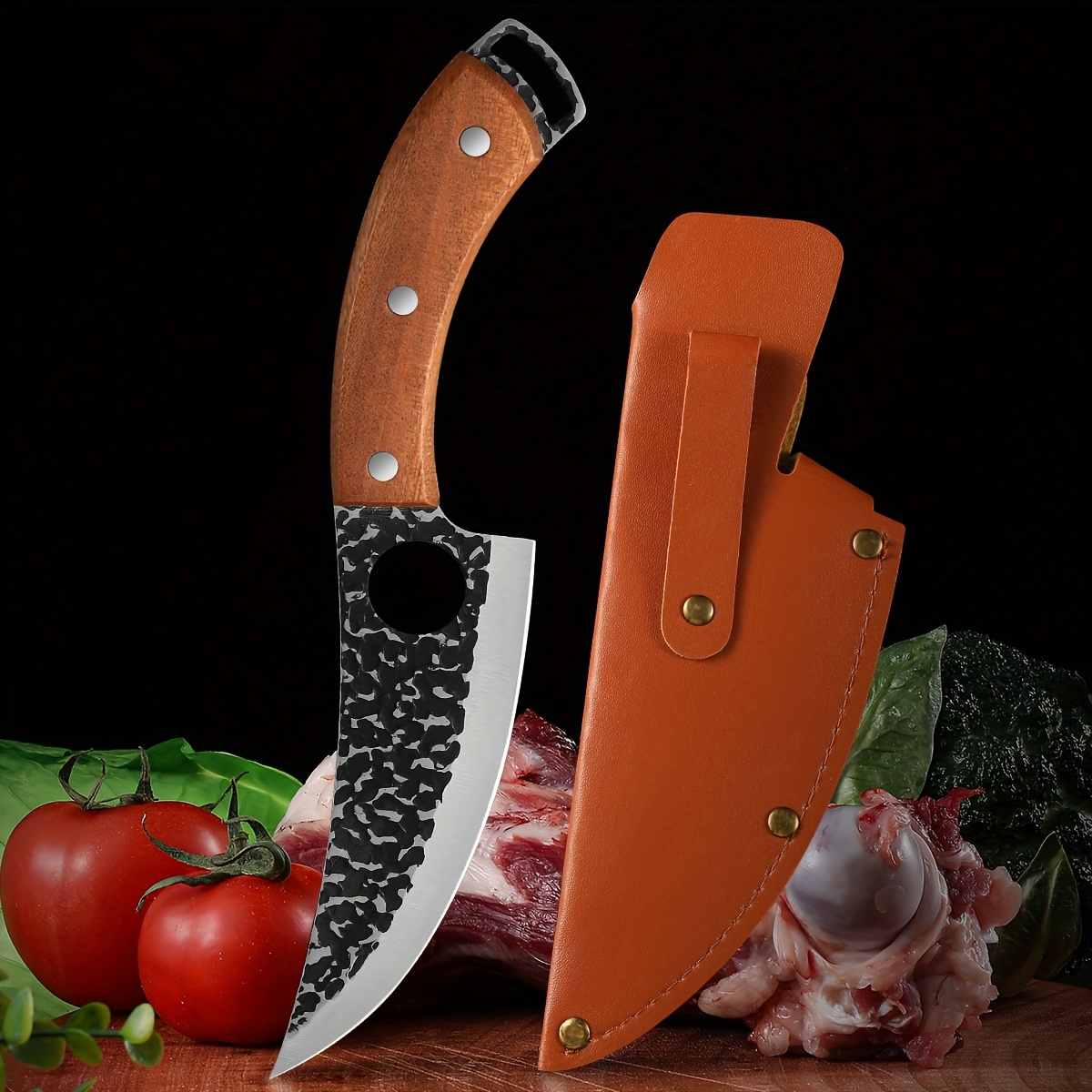  Huusk - Cuchillo japonés afilado, cuchillo de chef con funda de  cuero, cuchillo vikingo, cuchillo de cáscara de chef, cuchillo de carne,  campamento en casa o al aire libre : Hogar