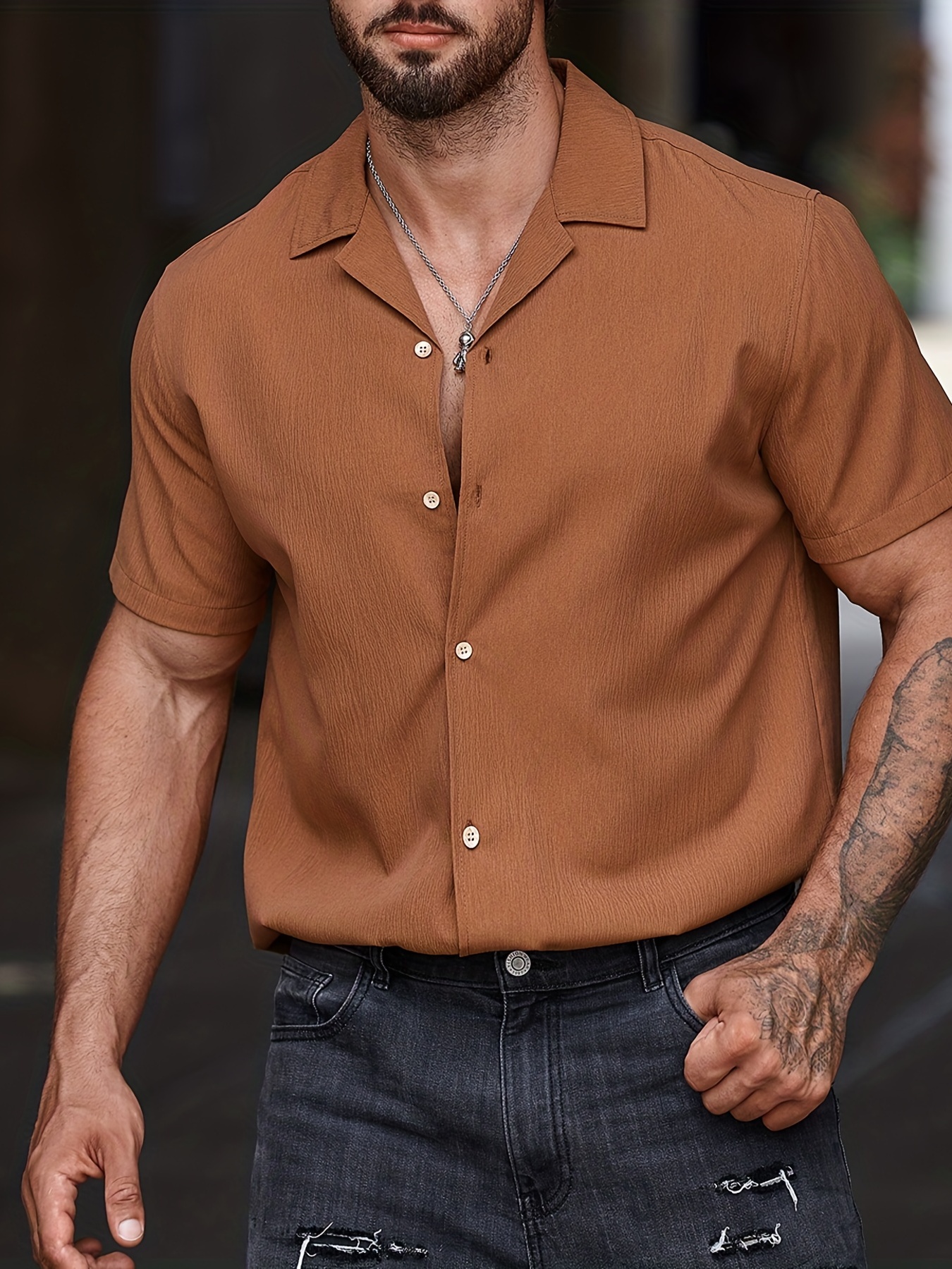 Camisa manga corta hombre marrón Talla M Color MARRON