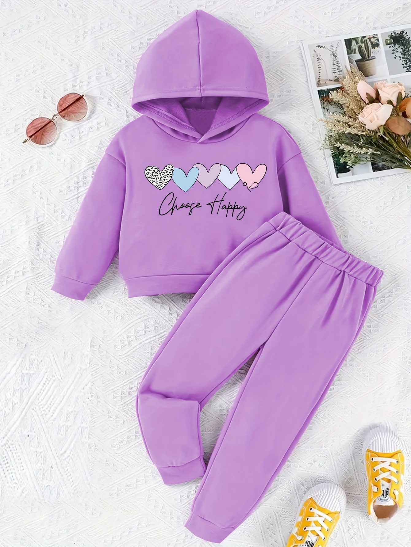 Girls Heart Print Long Sleeve Hooded Sweatshirt + Long Pants - Temu