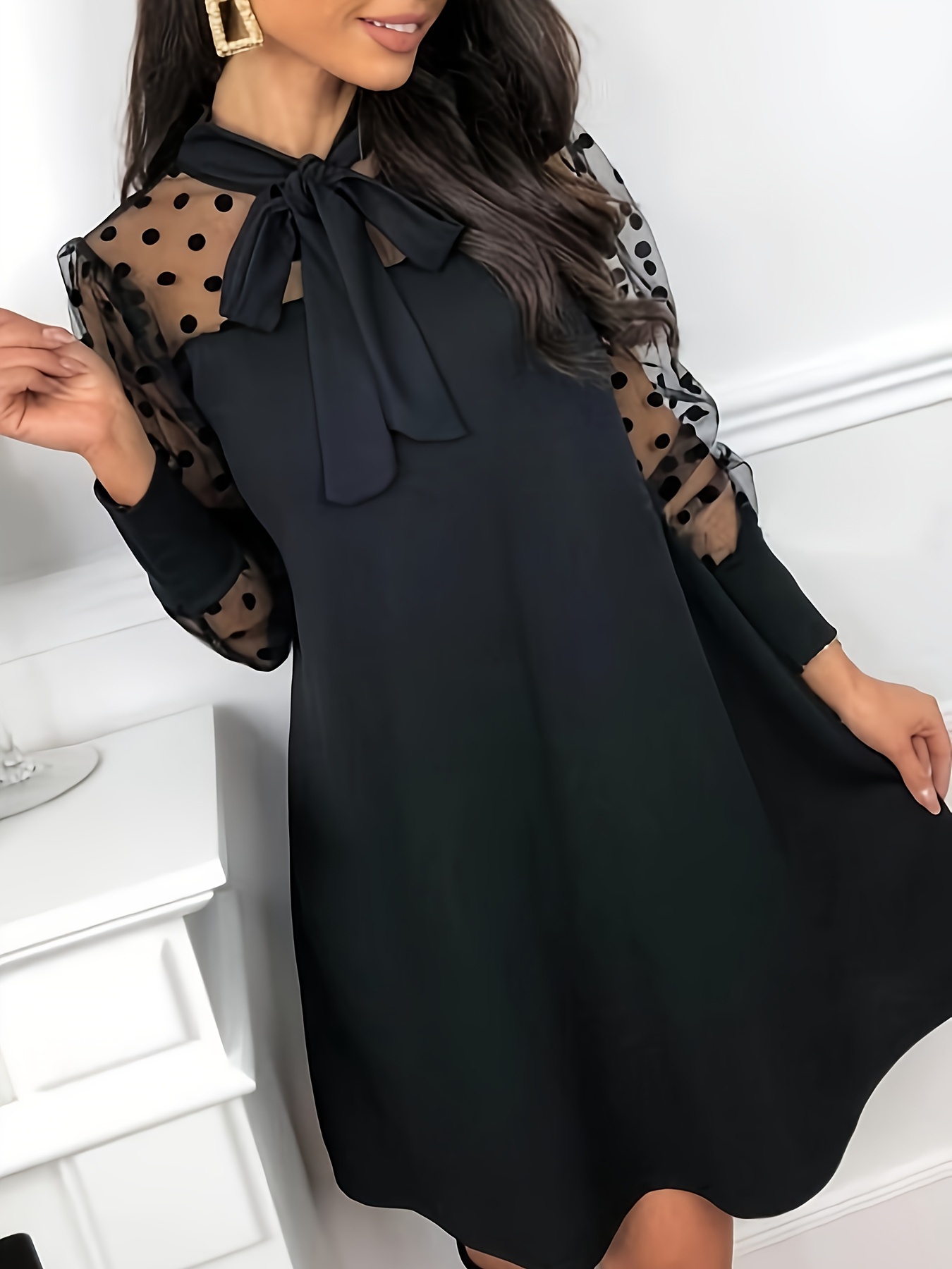 polka dot print mesh panel dress casual tie neck lantern sleeve loose dress womens clothing details 4