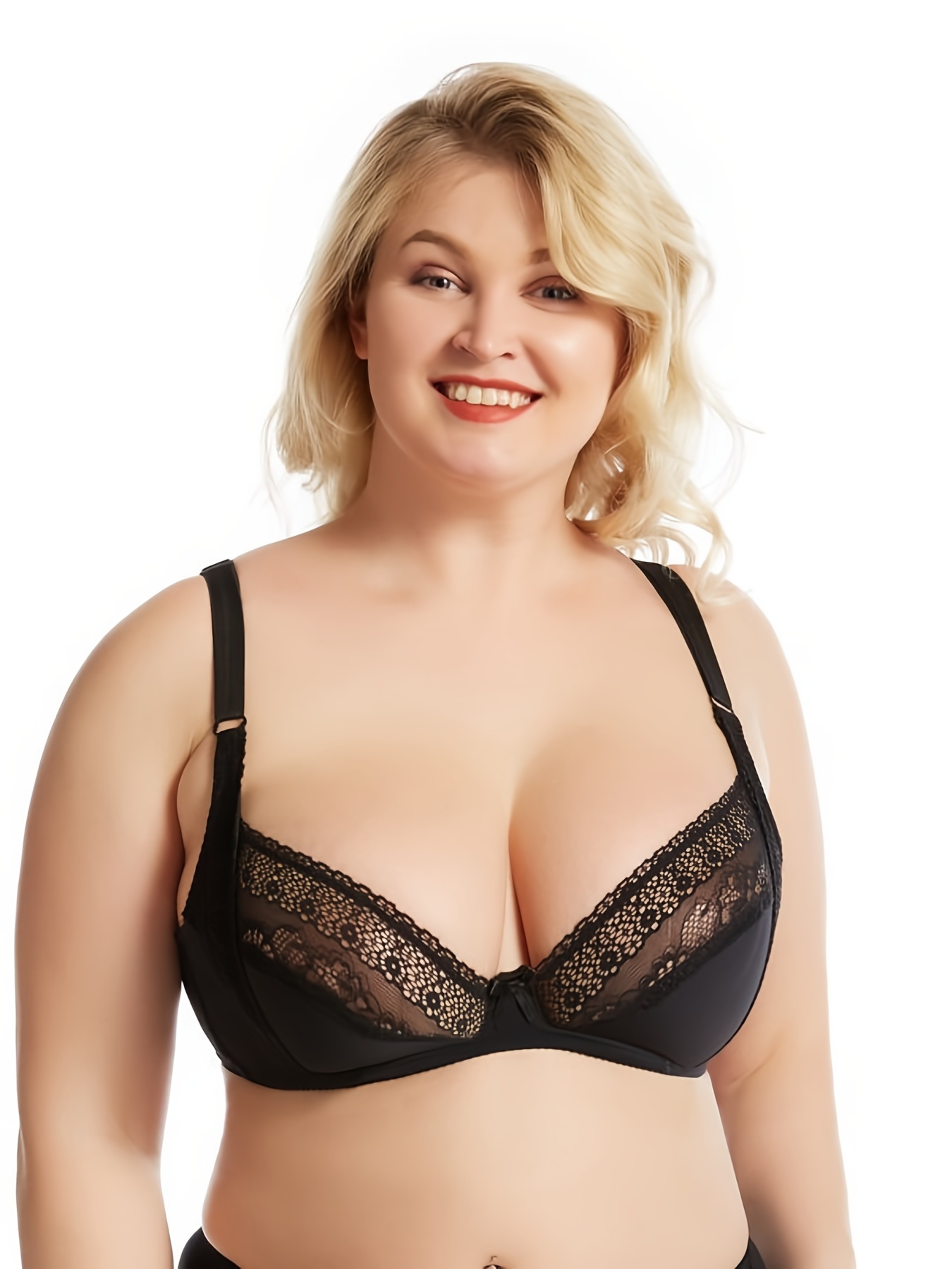 Plus Size Solid Contrast Lace Full Cup Comfort Bra, Women's Plus Sexy  Medium Stretch Bow Front Bralette