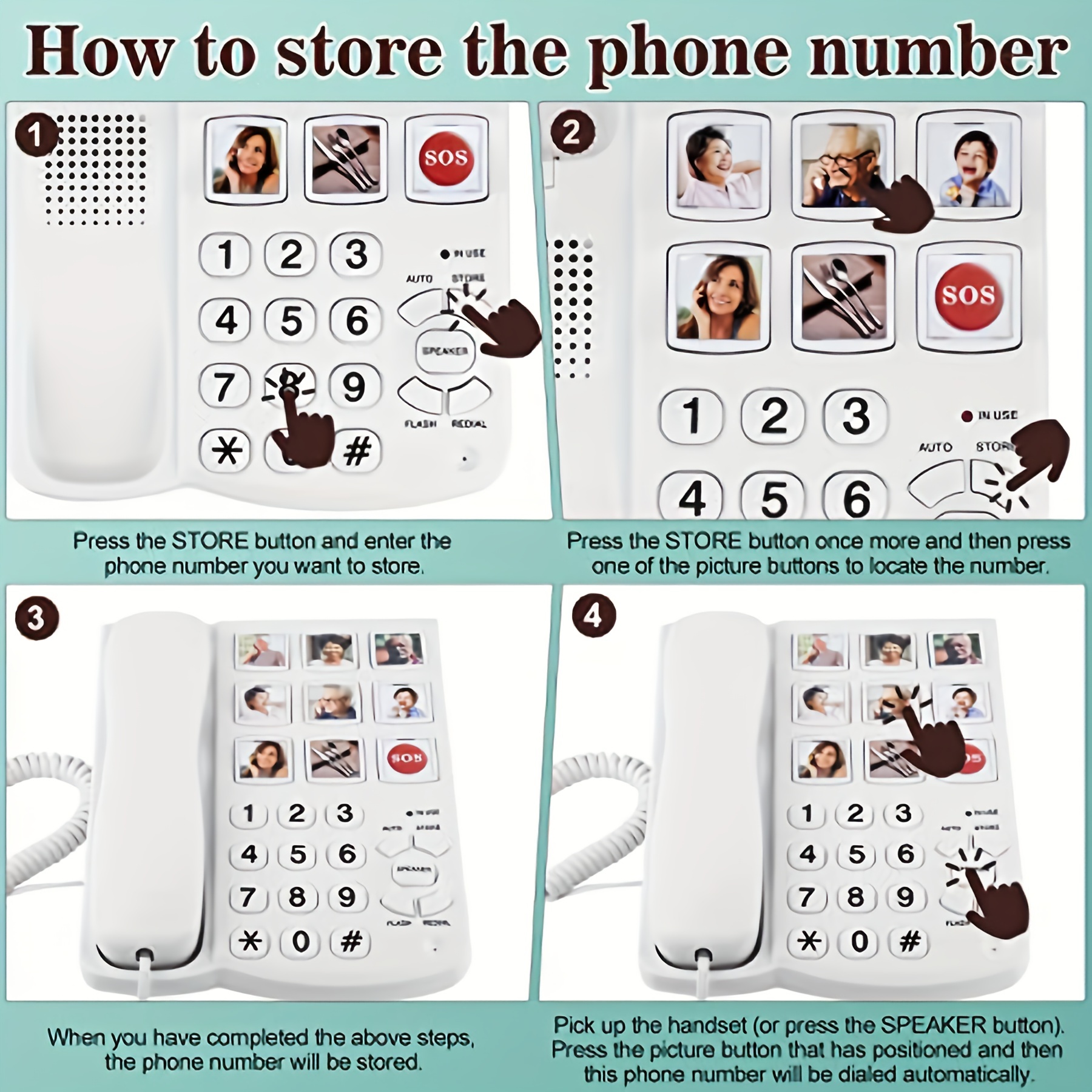 Teléfono de botón grande para personas mayores, teléfono fijo con cable,  marcación de un solo toque para personas con discapacidad visual, timbre