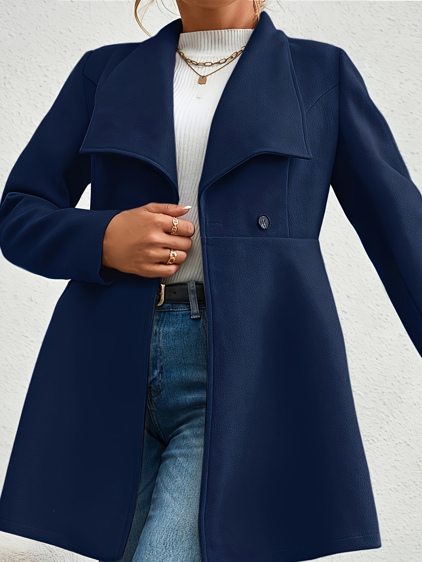 Plus Size Casual Coat, Women's Plus Solid Long Sleeve Double Breast Button  Lapel Lapel Collar Longline Woolen Coat With Pockets