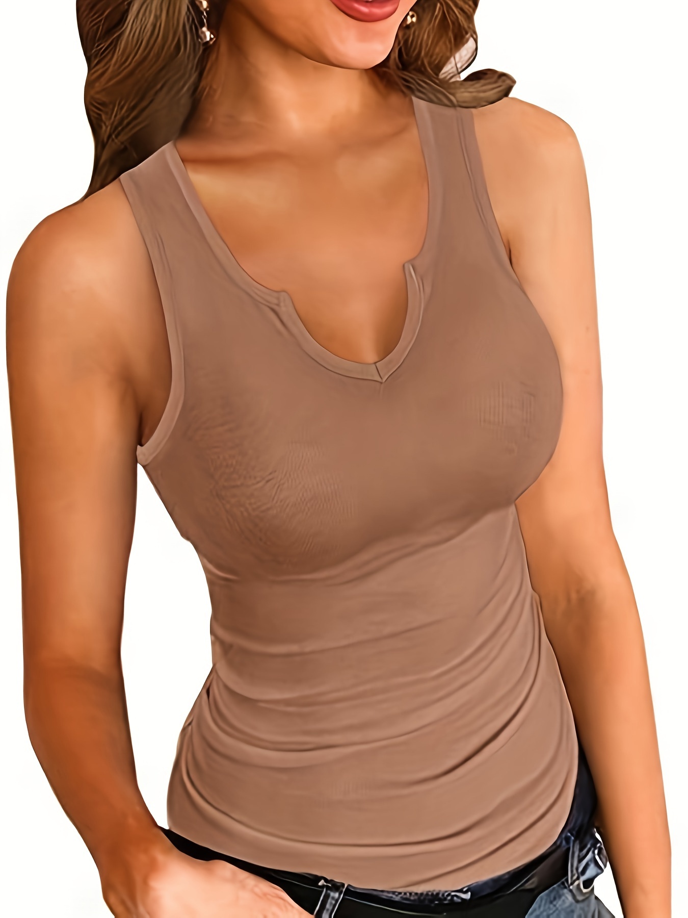 Casual Solid Scoop Neck Tank Top Brown Women's Tank Tops & Camis (Women's)